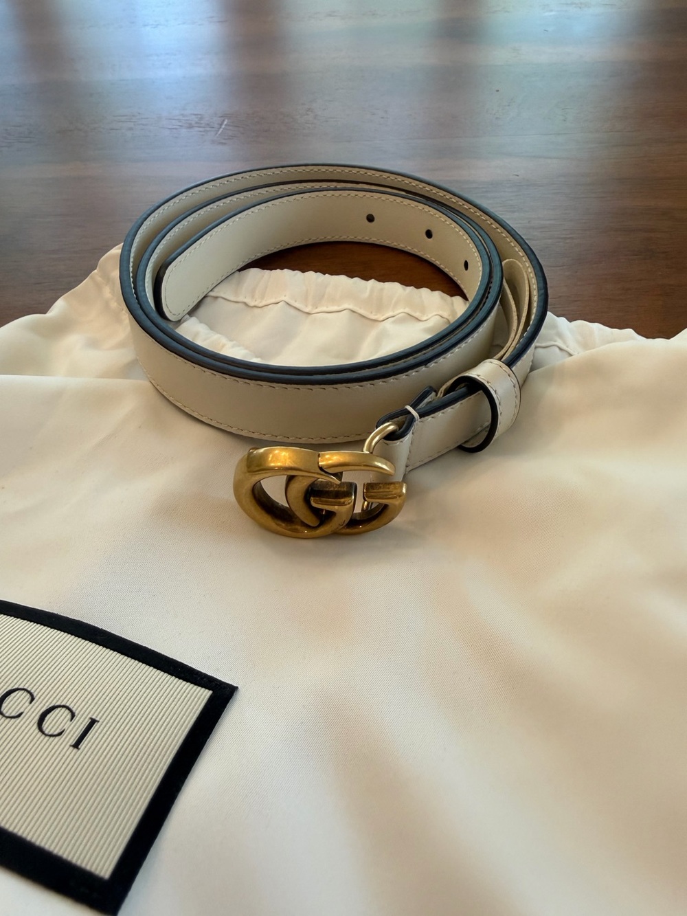 Gucci Off-White Leather Belt with Gold Double G Buckle - Size 85